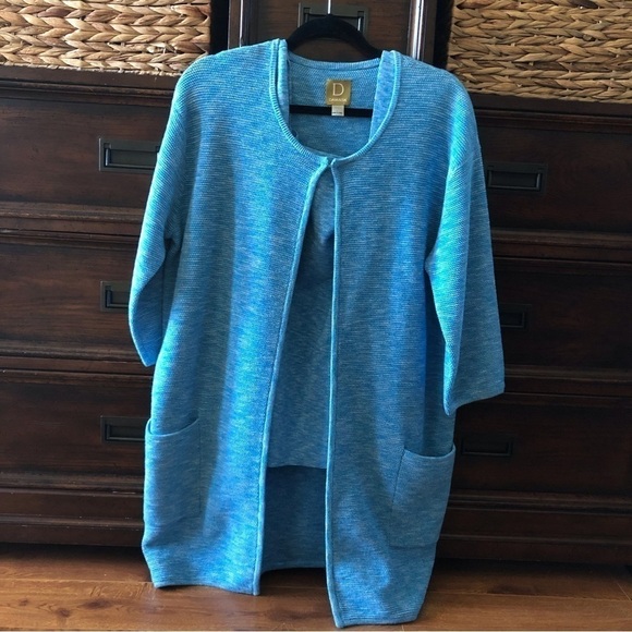 Vintage Damask blue heather stretch cotton knit sweater coat in size L - Picture 1 of 7